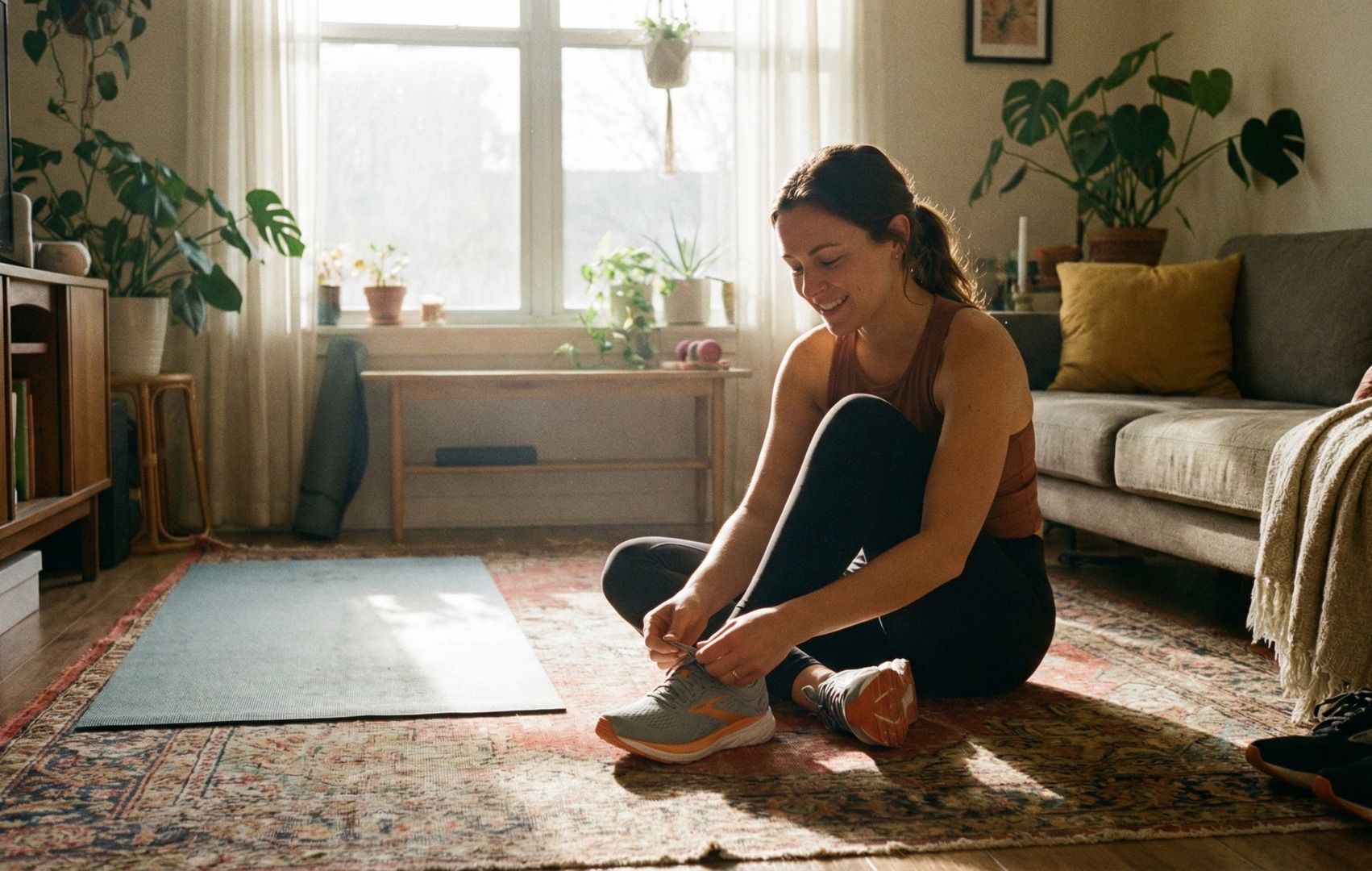 Femeie zâmbind într-un living luminos plin de plante, legându-și șireturile adidașilor pe un covor, cu o saltea de yoga întinsă alături