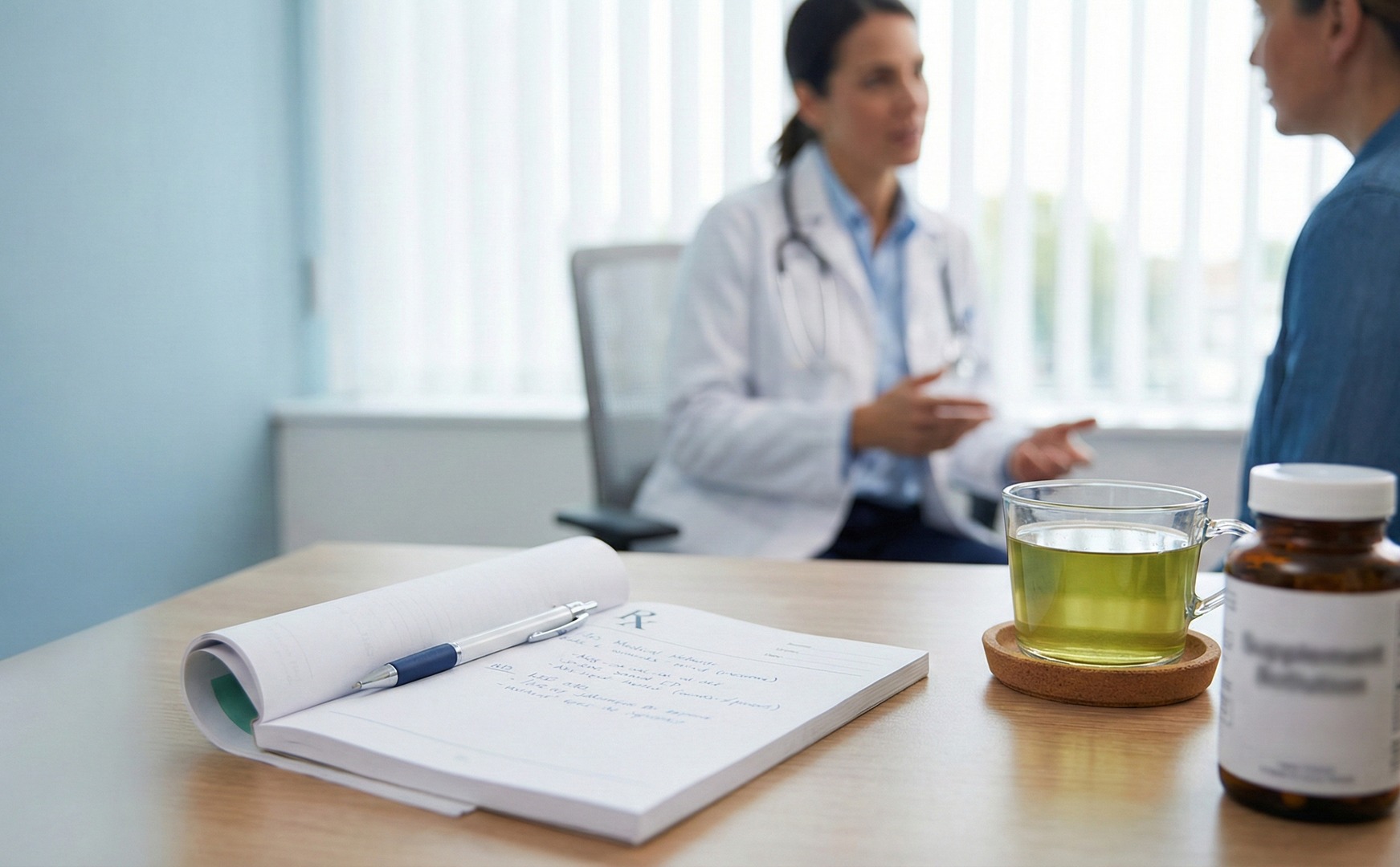 Cană de ceai verde și un flacon de suplimente pe un birou, cu o doctoriță în halat discutând cu un pacient în fundal și un carnet de rețete cu simbolul Rx în prim-plan