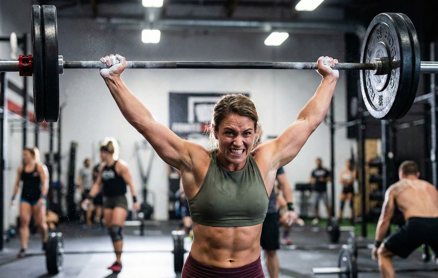 Femeie musculoasă ridicând o bară cu greutăți deasupra capului într-o sală de CrossFit, cu alți sportivi în fundal