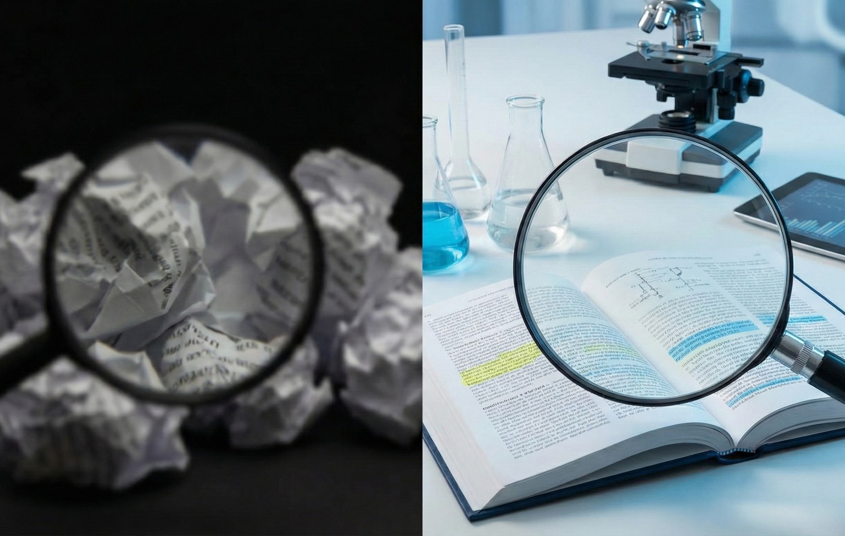 Ilustrație conceptuală: în stânga hârtii mototolite privite printr-o lupă (mituri), în dreapta o carte științifică și un microscop într-un laborator (dovezi)