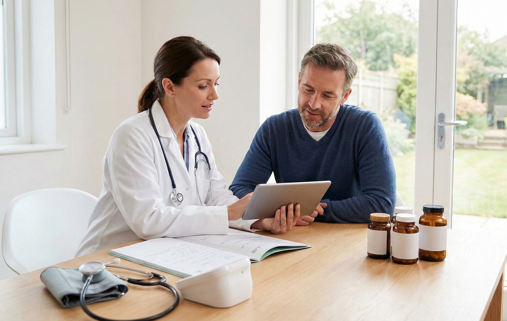 Consultație medicală: o doctoriță îi arată o tabletă unui bărbat la masă, cu un tensiometru și flacoane de suplimente pe birou