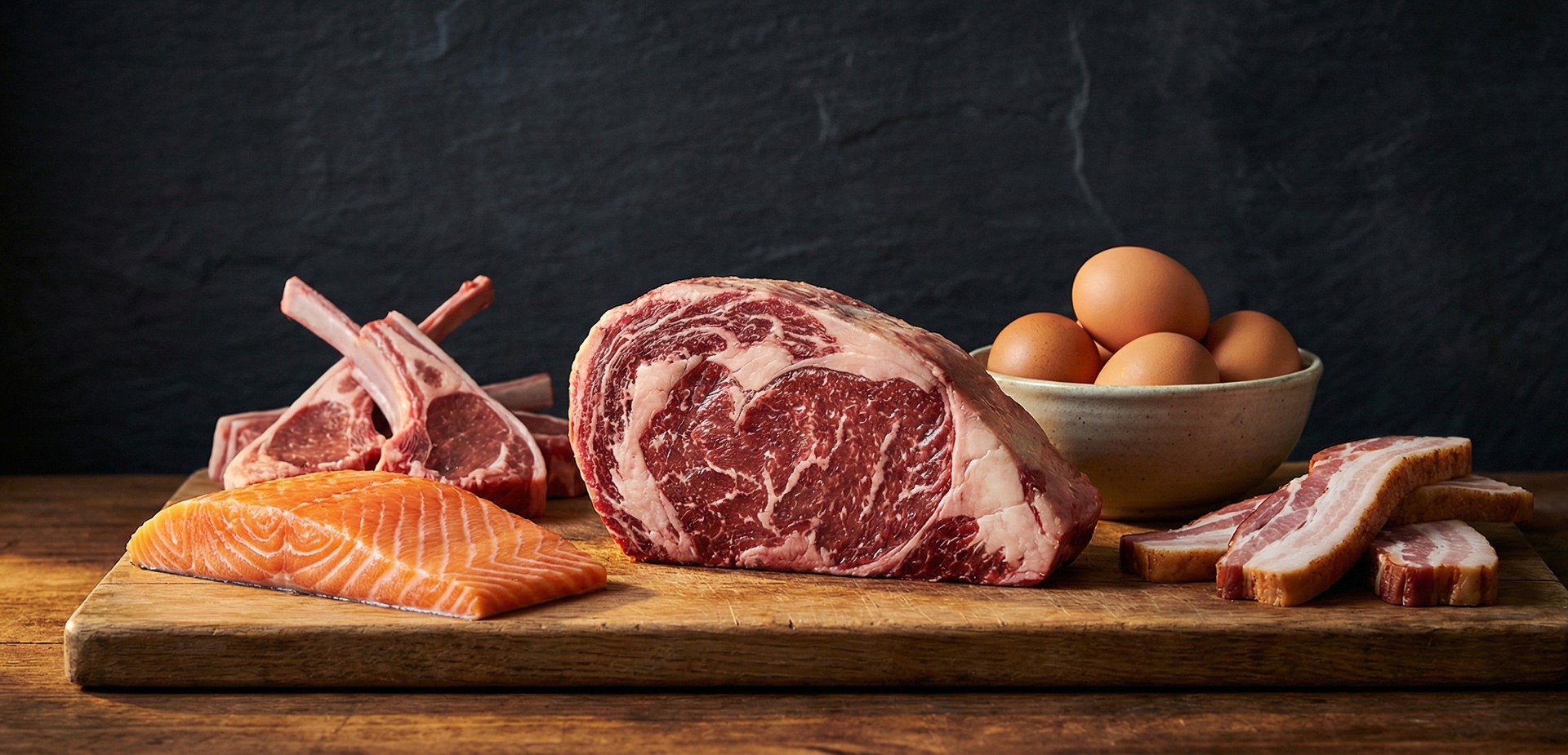 Platou din lemn cu carne crudă: cotlete de miel, antricot marmorat, file de somon, ouă și felii de bacon