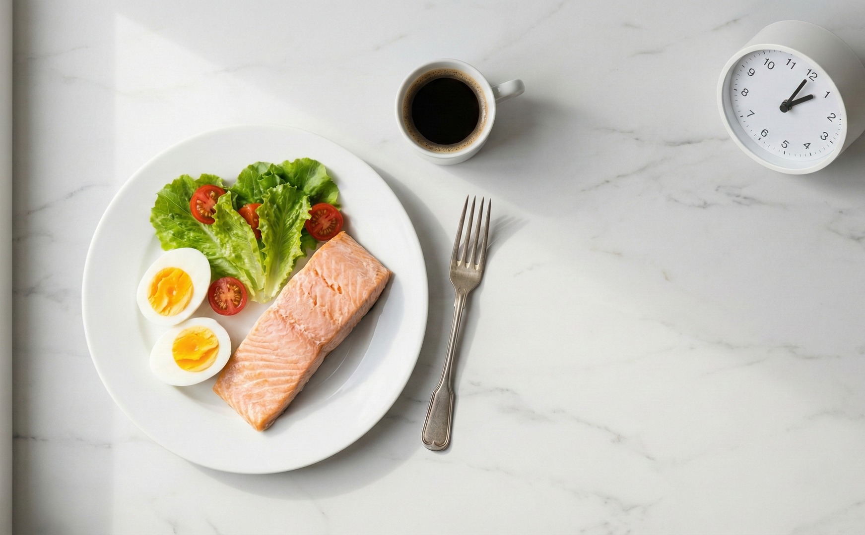 Farfurie cu somon, ou fiert și salată, alături de o cană de cafea neagră și un ceas, pe o masă de marmură albă