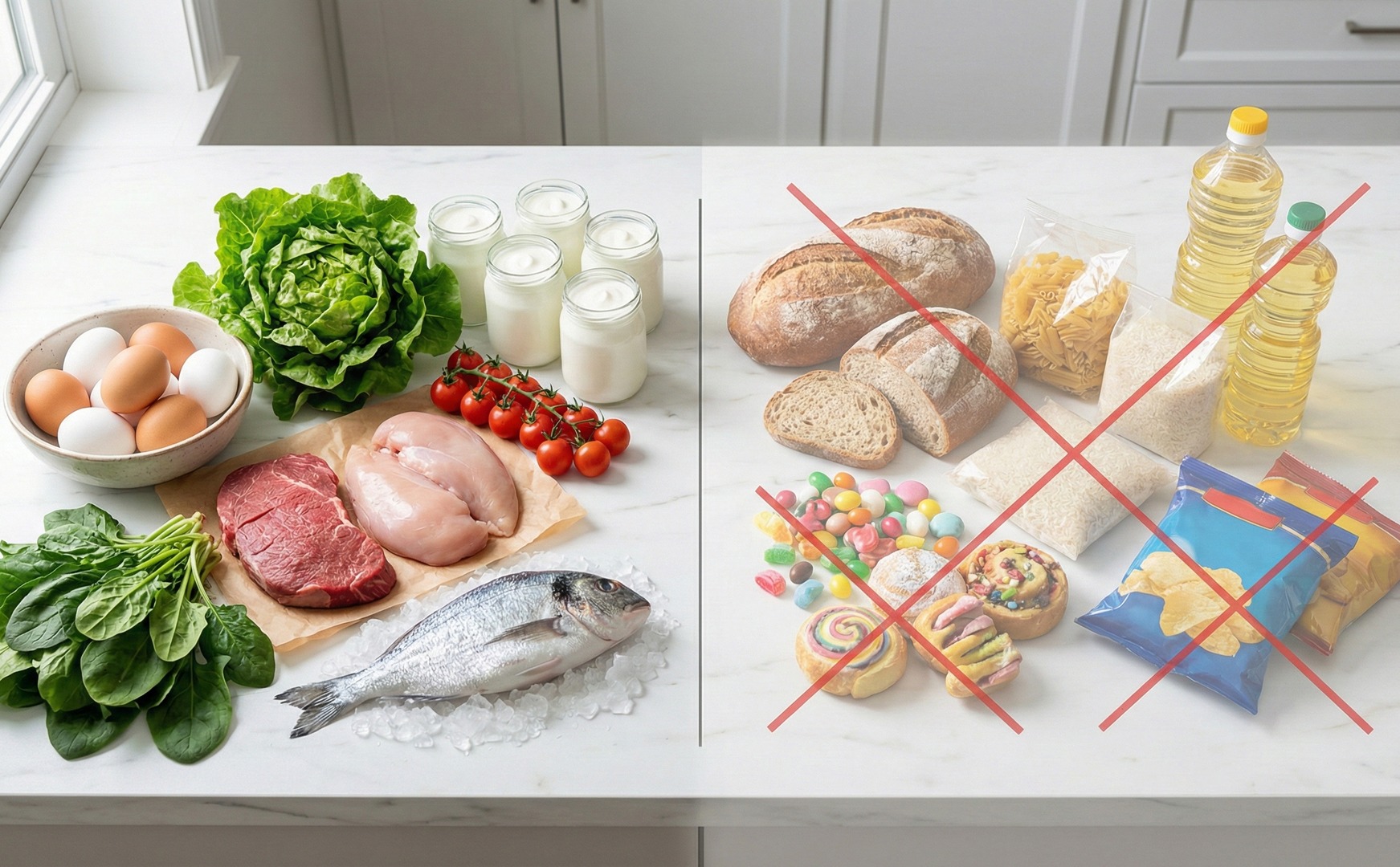Imagine în două părți: în stânga alimentele permise în dieta daneză (ouă, salată verde, iaurt, roșii, friptură, pui, spanac, pește), în dreapta cele interzise, tăiate cu roșu (pâine, paste, orez, ulei, dulciuri, produse de patiserie, chipsuri)