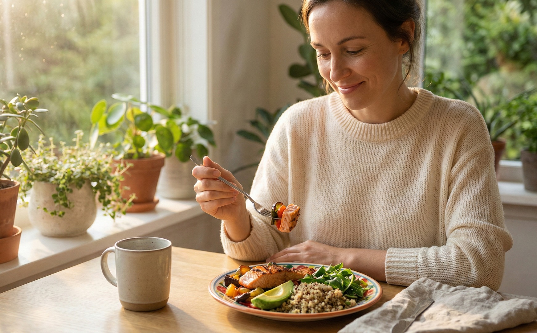 Femeie într-un pulover crem, zâmbind și mâncând o farfurie cu somon, quinoa, avocado și verdețuri, lângă o cană și plante în ghiveci