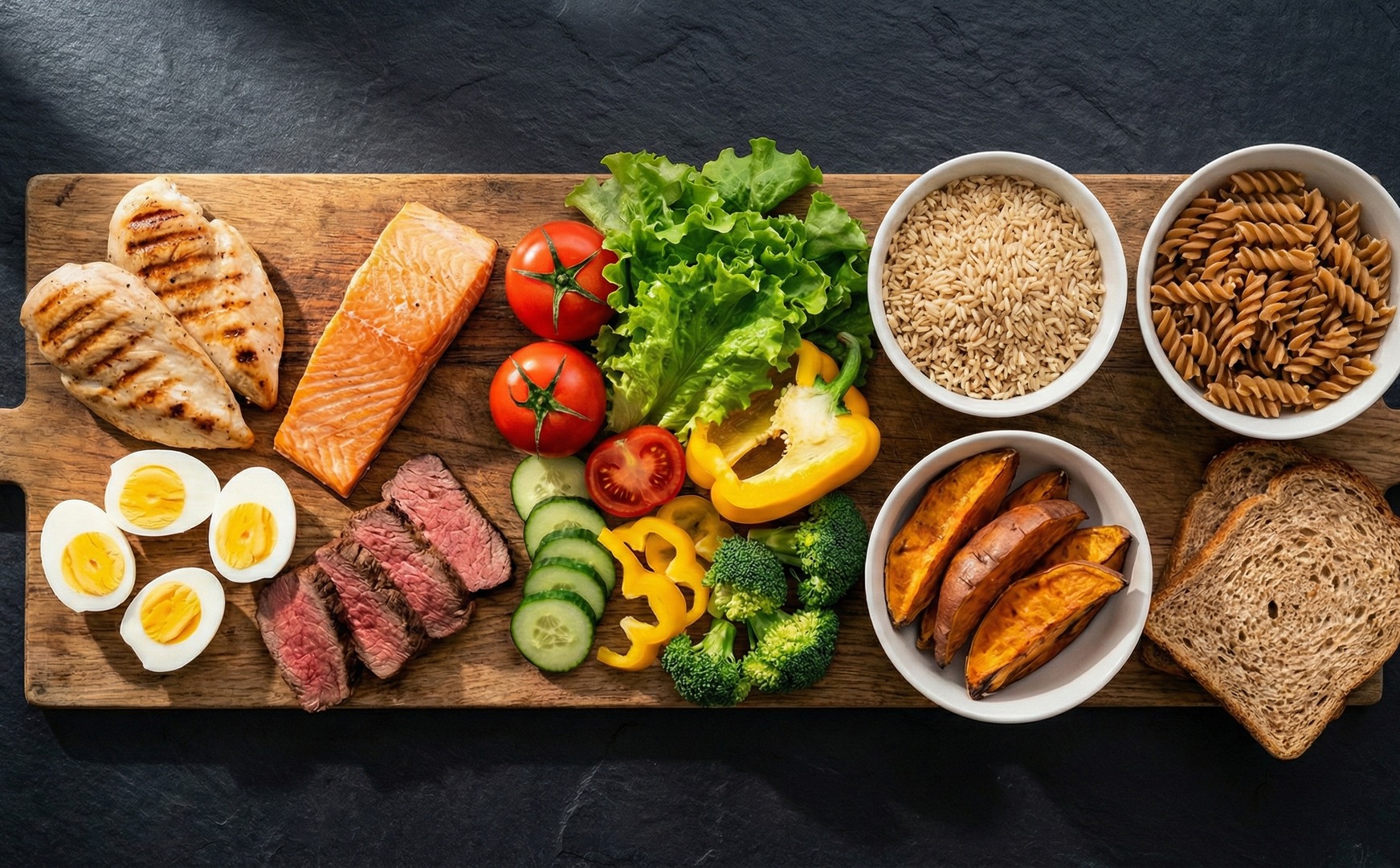 Platou din lemn cu proteine, legume și carbohidrați ținuți separat: pui, somon, ouă, orez, paste integrale și cartof dulce