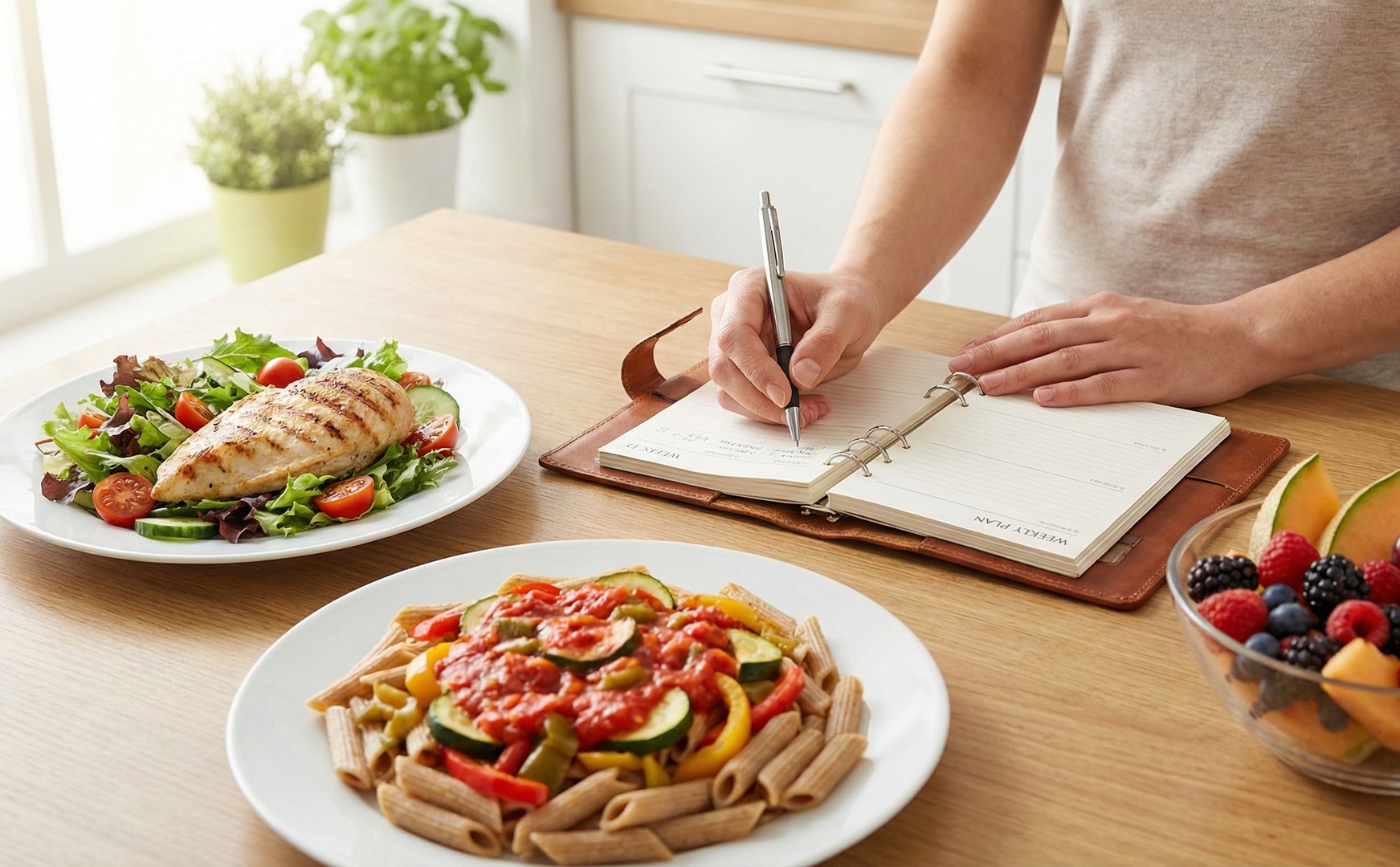 Masă ilustrând principiile dietei disociate: o farfurie cu pui la grătar pe salată, alta cu paste integrale și legume în sos de roșii, o mână notând într-un planificator săptămânal și un bol cu fructe proaspete