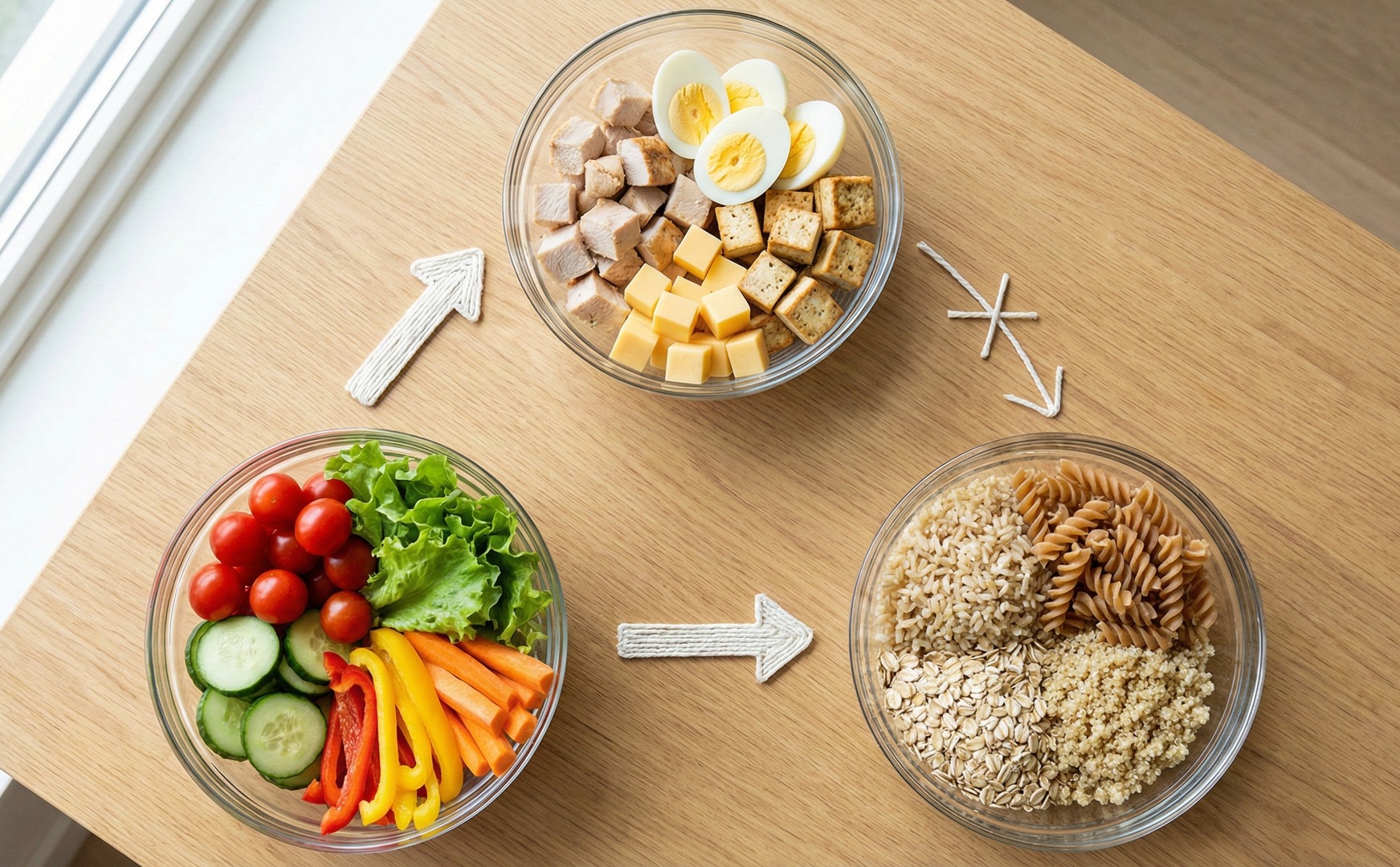 Schemă de combinare a alimentelor văzută de sus: legumele se pot asocia atât cu proteinele (pui, ouă, brânză, tofu), cât și cu carbohidrații (orez brun, paste integrale, ovăz, quinoa), dar proteinele și carbohidrații nu se combină între ei, marcat cu un X roșu