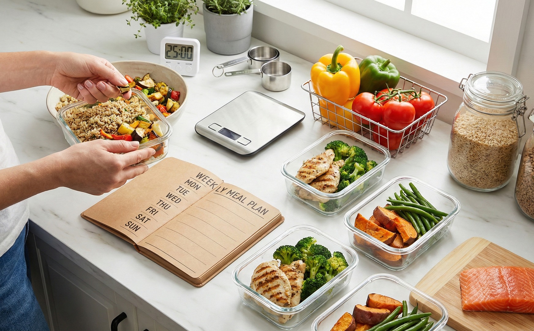Pregătirea meselor pe o săptămână: mâini ținând un bol cu quinoa și legume la cuptor, un caiet „Weekly Meal Plan”, un cântar digital de bucătărie, căni de măsurat și caserole cu pui, broccoli, cartof dulce și somon