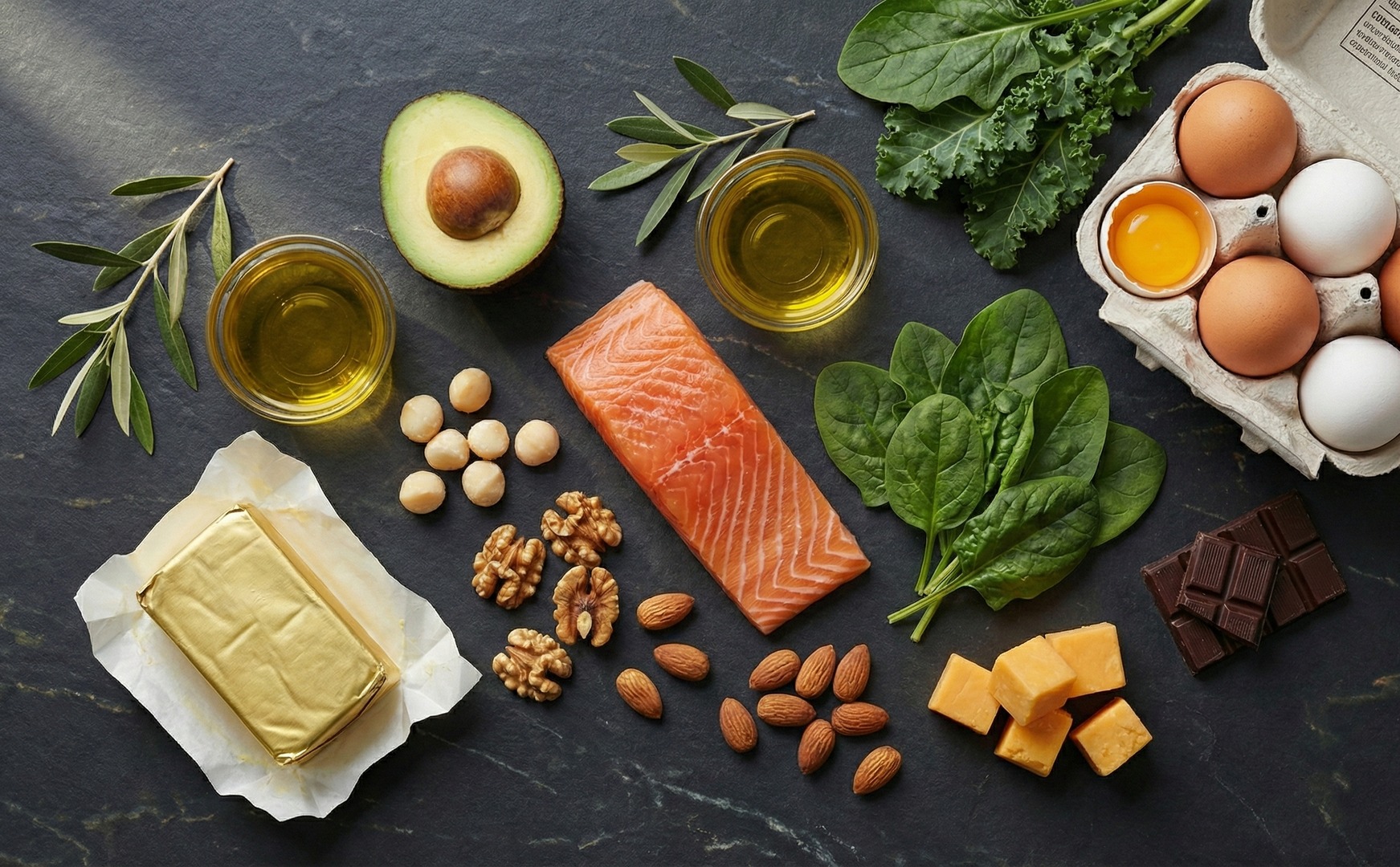 Alimente specifice dietei keto pe ardezie: unt, avocado, somon, ouă, nuci, ulei de măsline, brânză, spanac și ciocolată neagră