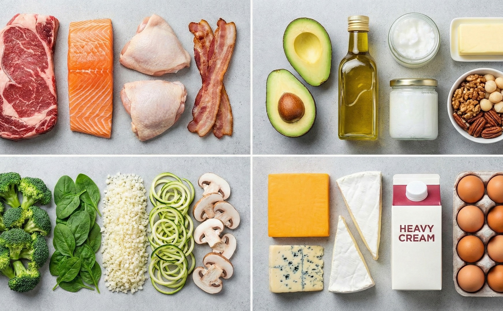 Colaj cu alimente permise în dieta keto: carne și pește, avocado și uleiuri, legume sărace în carbohidrați, brânzeturi, smântână și ouă