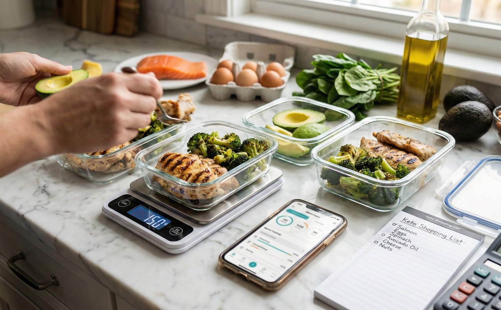 Pregătirea meselor keto pe blat de marmură: caserole cu pui și broccoli, cântar de bucătărie, telefon cu aplicație de macronutrienți și listă de cumpărături