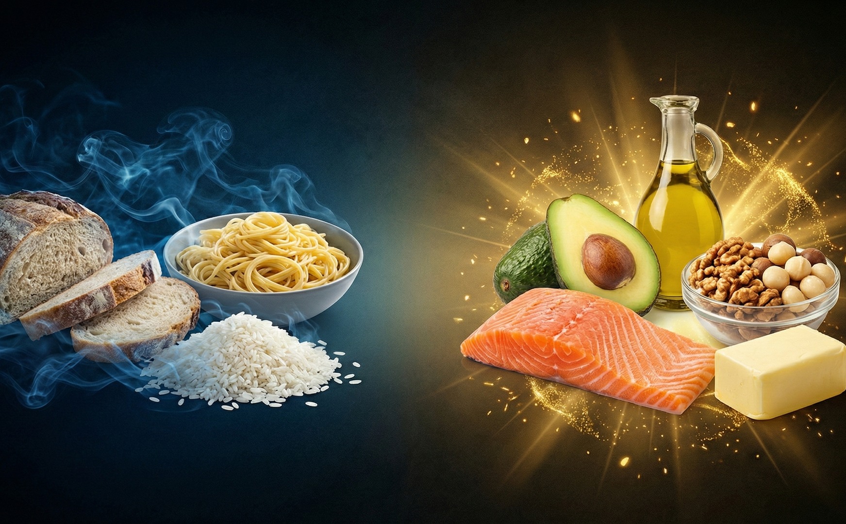 Ilustrație conceptuală: în stânga carbohidrați (pâine, paste, orez), în dreapta grăsimi specifice dietei keto (avocado, ulei de măsline, somon, nuci, unt)