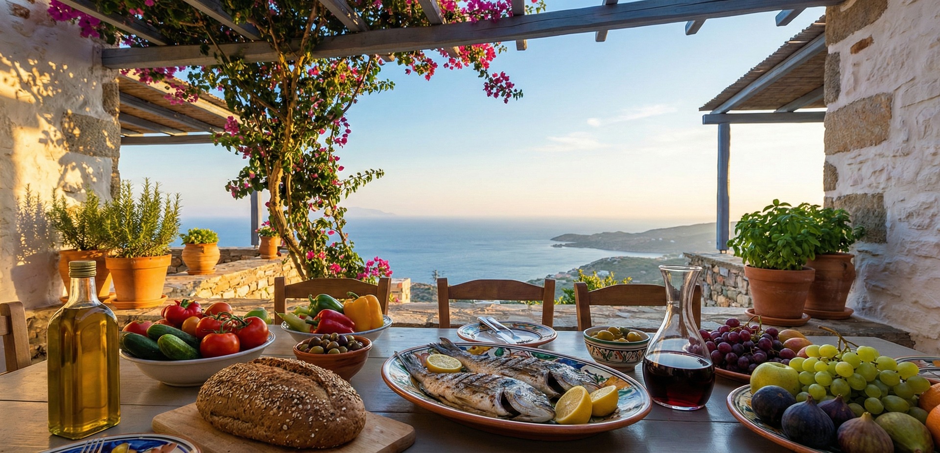 Masă pe o terasă mediteraneană cu vedere la mare: pește la grătar, pâine, ulei de măsline, legume, struguri și vin roșu