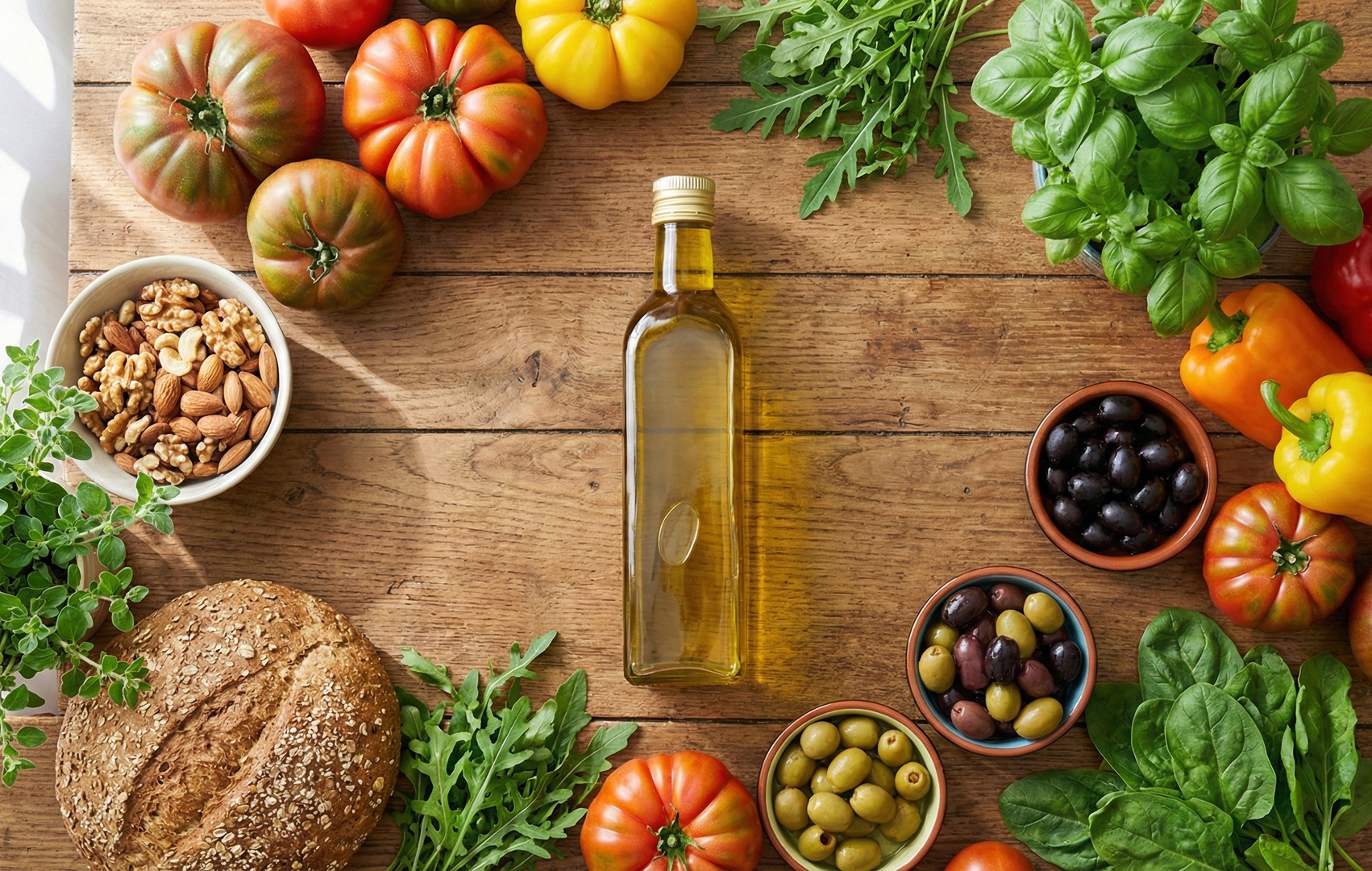 Ingrediente mediteraneene pe o masă de lemn: roșii, ulei de măsline, busuioc, ardei colorați, măsline, nuci, pâine integrală și verdețuri