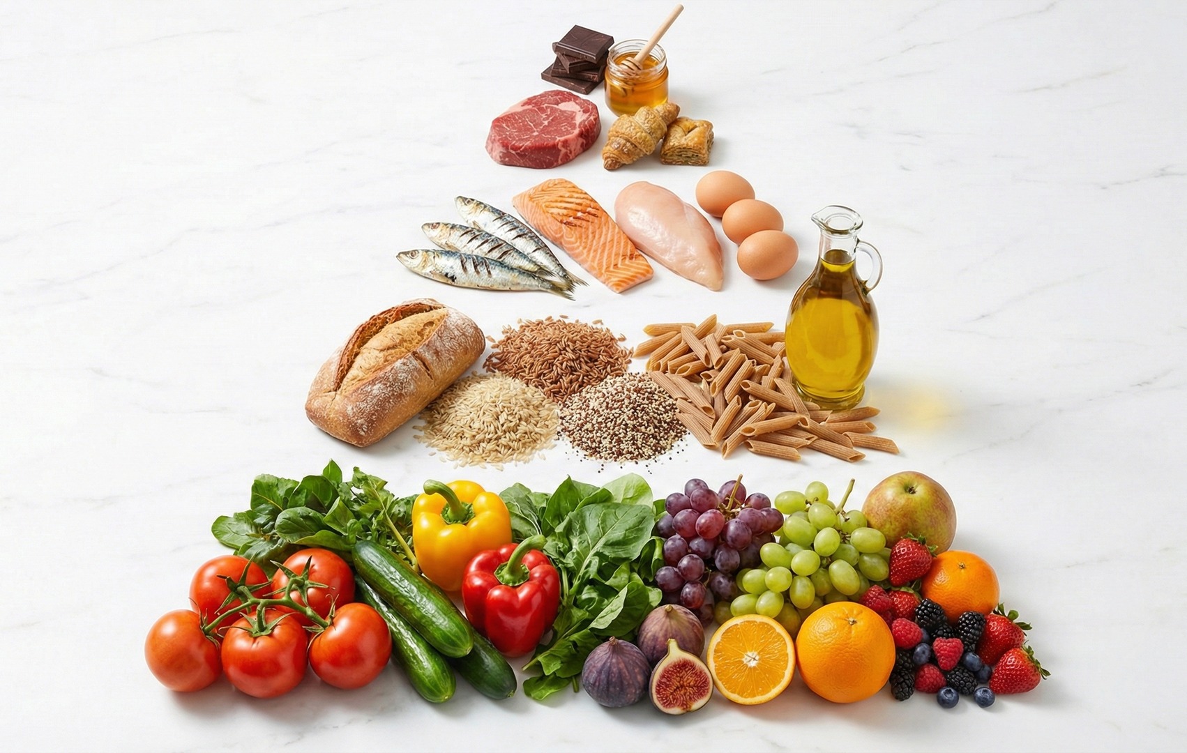 Piramida alimentară mediteraneană: la bază legume și fructe, apoi cereale integrale și ulei de măsline, pește și ouă, iar la vârf carne roșie și dulciuri