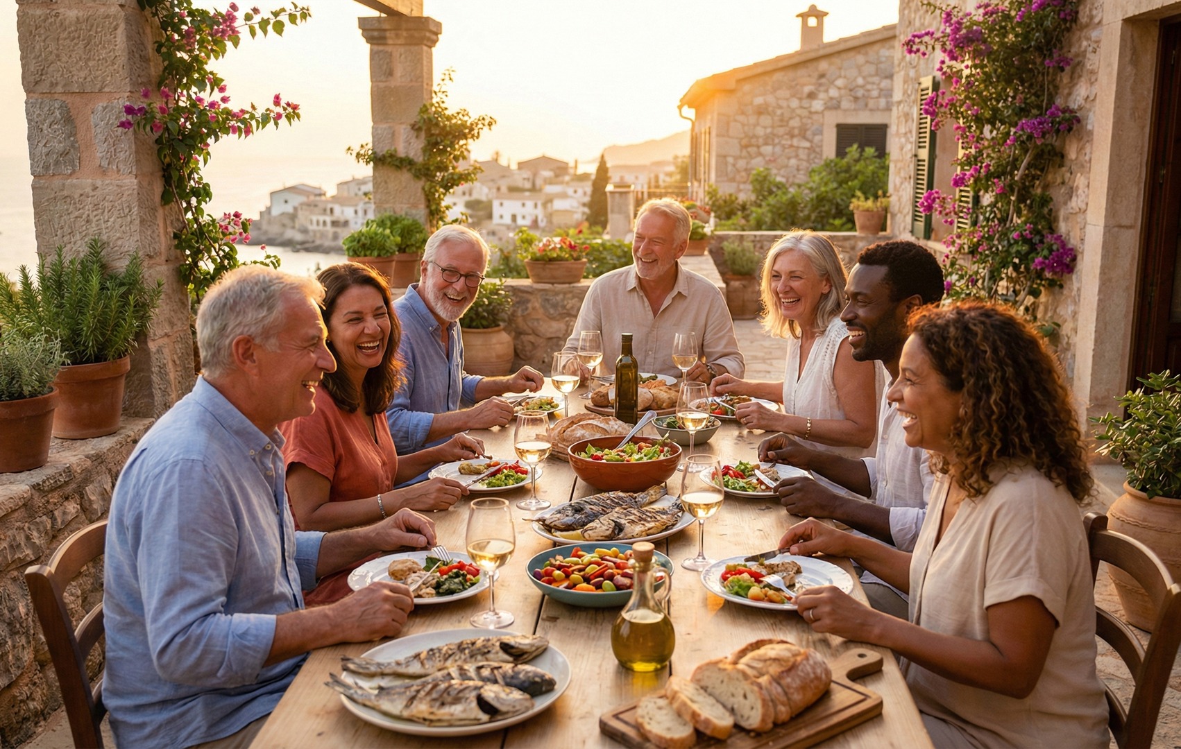 Grup de oameni bucurându-se împreună de o masă mediteraneană pe o terasă la apus: pește la grătar, salate, pâine și vin alb, cu vedere la mare