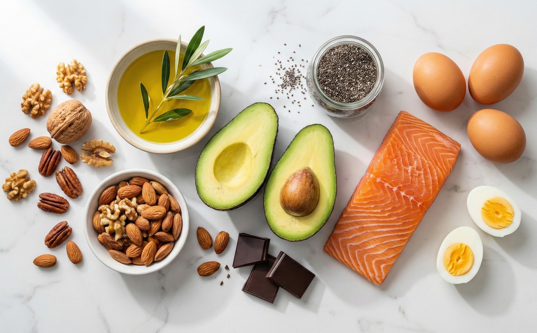 Surse de grăsimi sănătoase pe marmură albă: ulei de măsline, avocado, somon, nuci, migdale, semințe de chia, ouă și ciocolată neagră