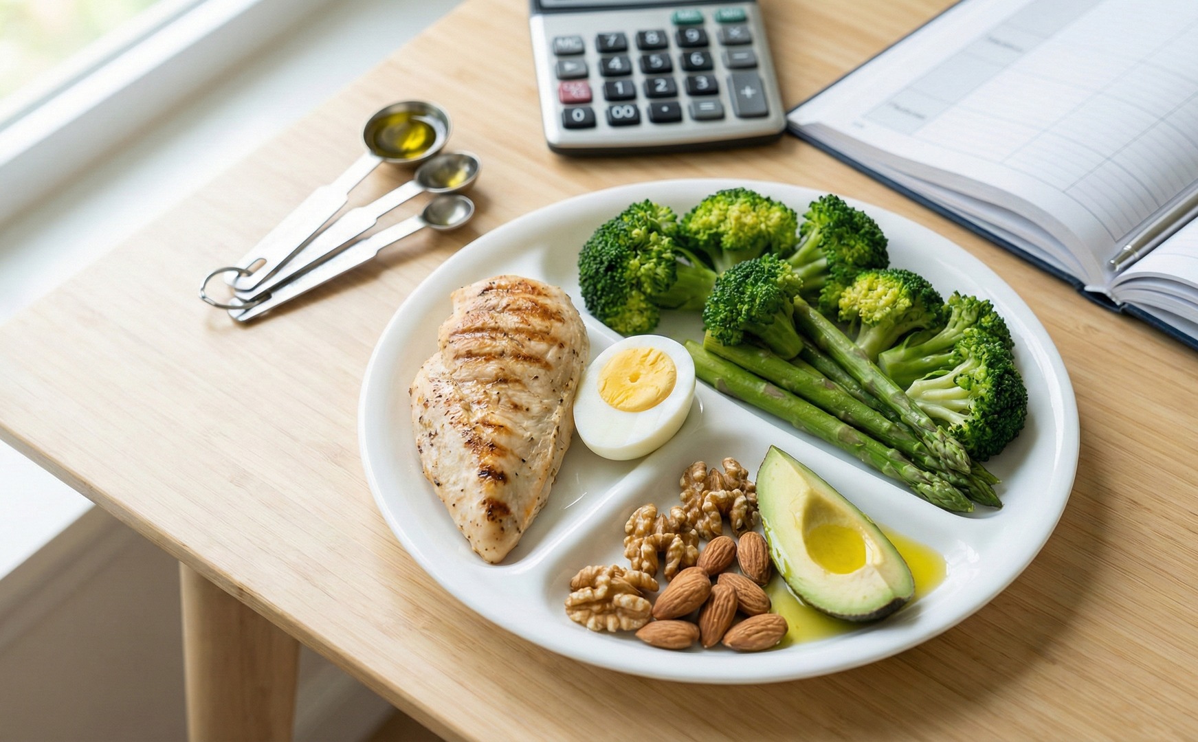 Farfurie porționată cu pui, ou, broccoli și sparanghel, nuci și avocado, alături de linguri de măsurat, un calculator și un caiet pentru controlul porțiilor