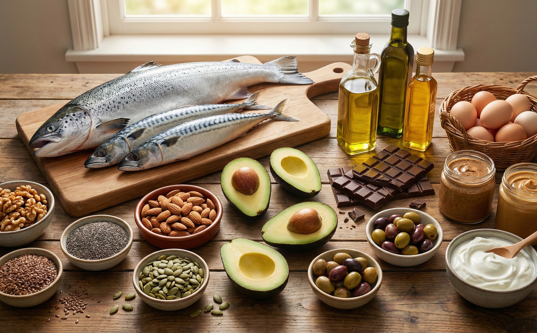 Masă din lemn cu surse de grăsimi sănătoase: somon și macrou, sticle de ulei, avocado, nuci, semințe, măsline, ouă, ciocolată neagră și unturi de nuci