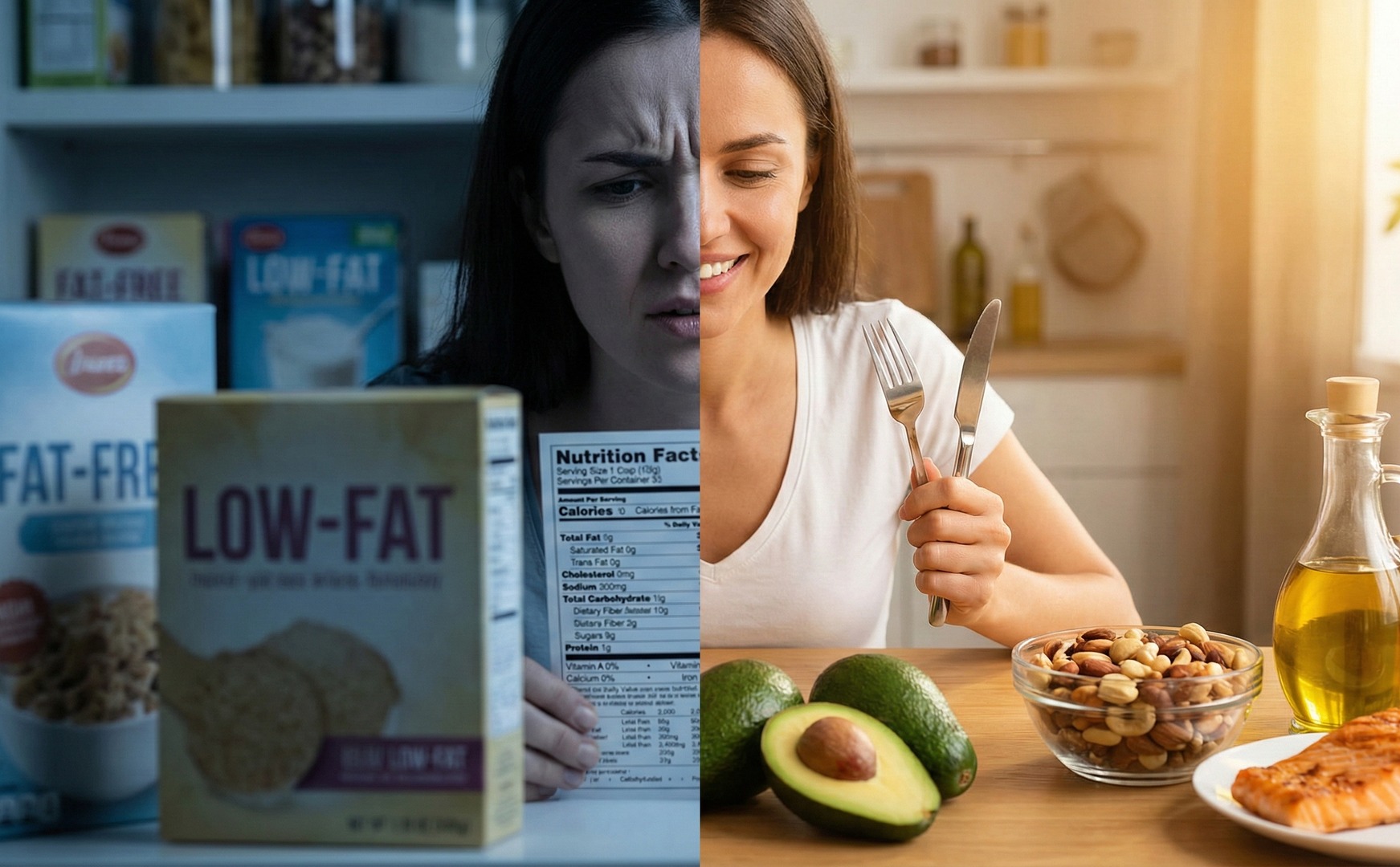 Ilustrație conceptuală: în stânga o femeie îngrijorată citind eticheta unui produs „low-fat”, în dreapta o femeie mulțumită în fața unei mese cu avocado, nuci, ulei de măsline și somon