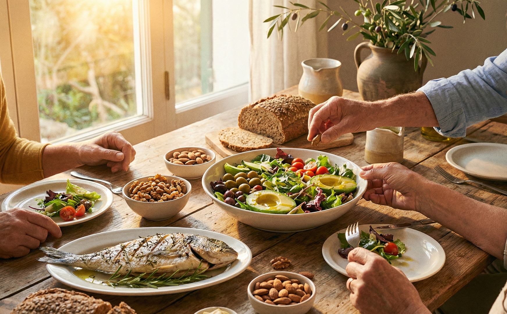 Masă rustică împărțită între mai multe persoane: pește la grătar, salată cu avocado și măsline, nuci, pâine integrală și ulei de măsline