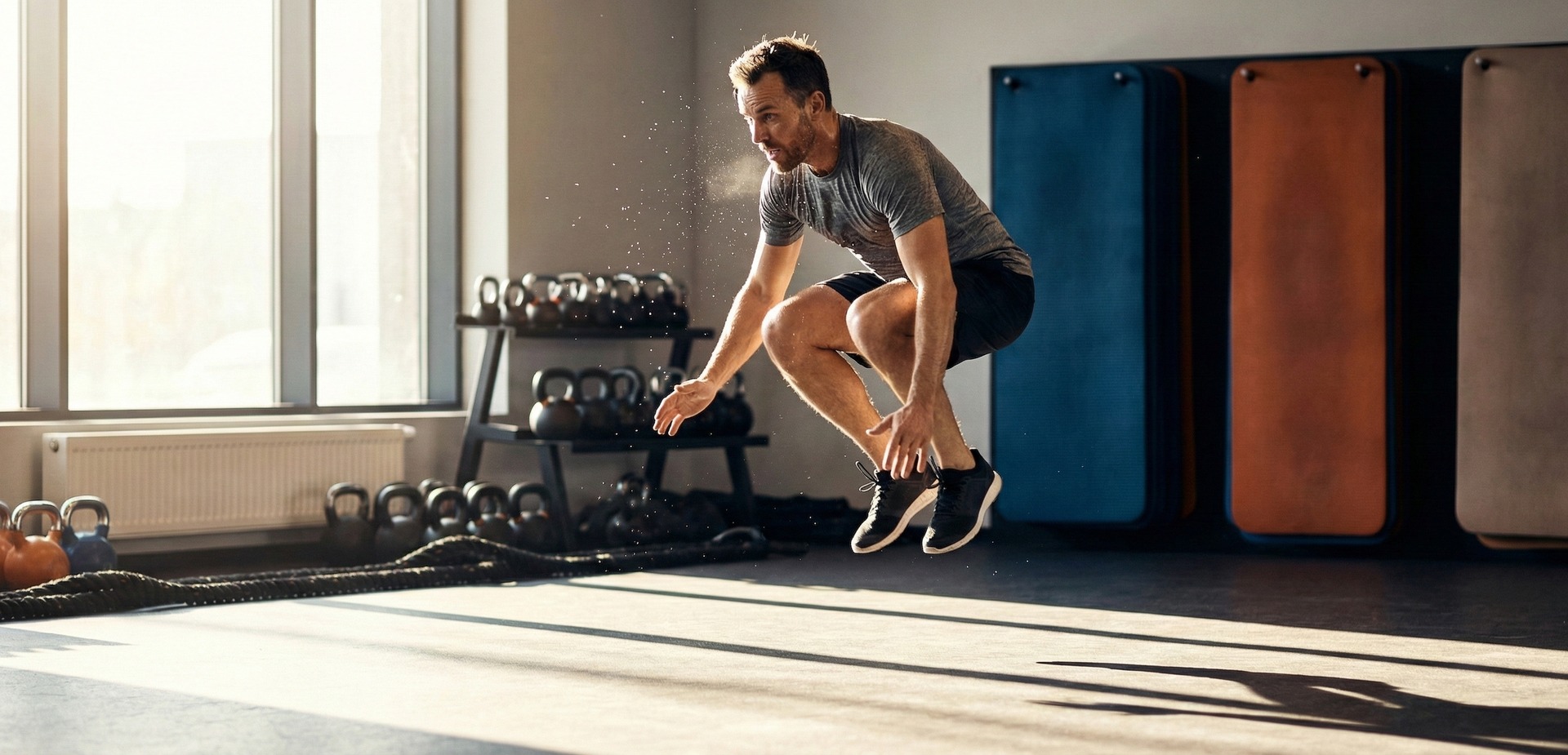 Bărbat executând o săritură pliometrică într-o sală de fitness, cu kettlebell-uri și cutii de sărituri în fundal