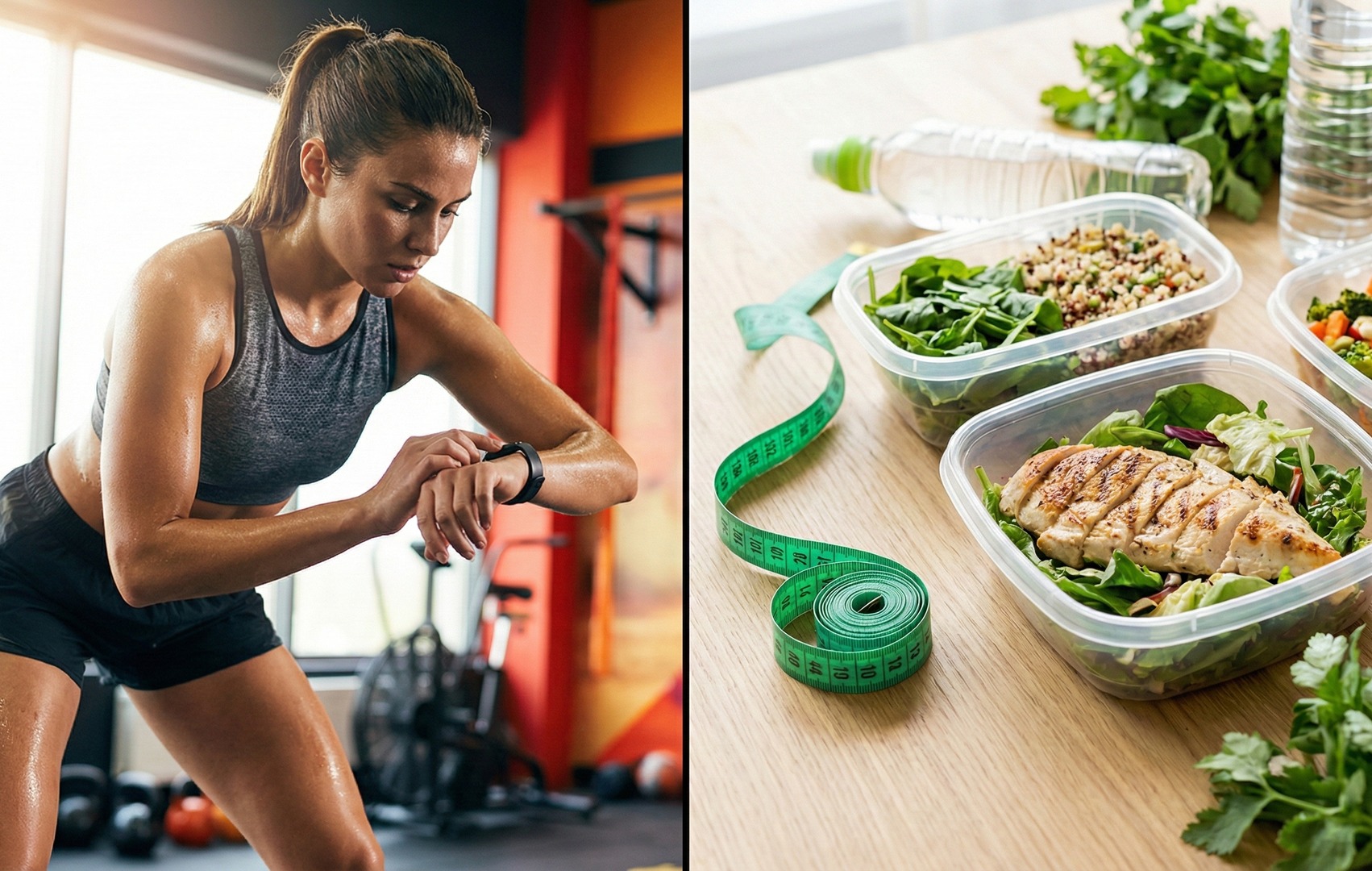 Imagine în două părți: în stânga o femeie transpirată verificându-și ceasul de fitness după efort intens la sală, în dreapta caserole cu piept de pui, salată și quinoa, un centimetru de croitorie și o sticlă de apă