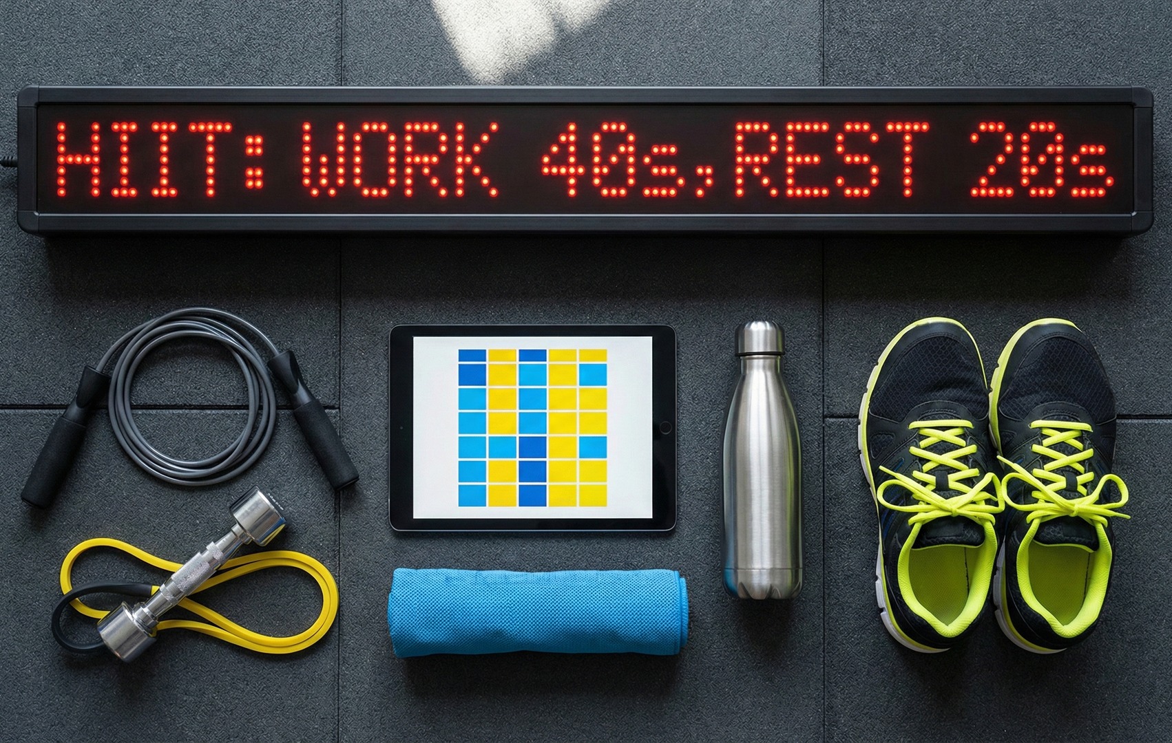 Aranjament pe podeaua unei săli: un afiș LED cu „HIIT: WORK 40s, REST 20s”, o coardă de sărit, o gantere cu bandă elastică, o tabletă cu structura intervalelor, un prosop, o sticlă de inox și adidași neon