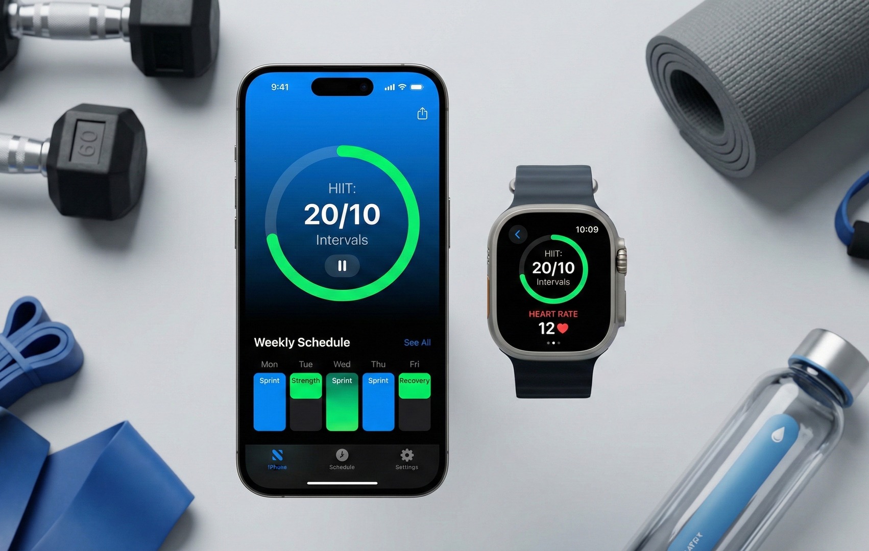 Aplicație de cronometrare a intervalelor HIIT pe un telefon și un smartwatch, afișând „20/10 Intervals” și pulsul, înconjurate de gantere, o bandă elastică, o saltea și o sticlă de apă