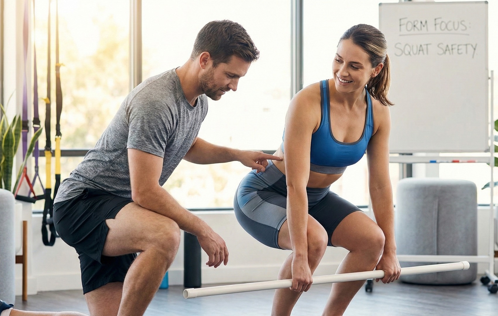 Antrenor personal corectând poziția de genuflexiune a unei femei care ține o bară ușoară, într-un studio luminos cu o tablă pe care scrie „Form Focus: Squat Safety”