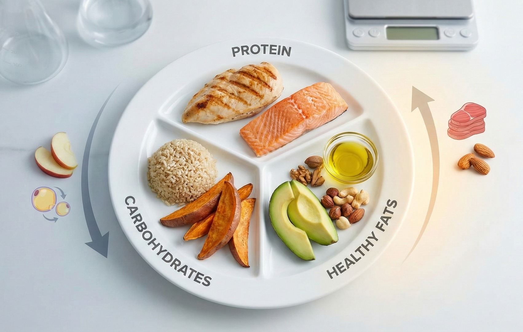 Farfurie împărțită în trei secțiuni etichetate „Protein”, „Carbohydrates” și „Healthy Fats”: pui și somon, orez brun și cartof dulce, avocado, nuci și ulei de măsline, lângă un mic cântar de bucătărie
