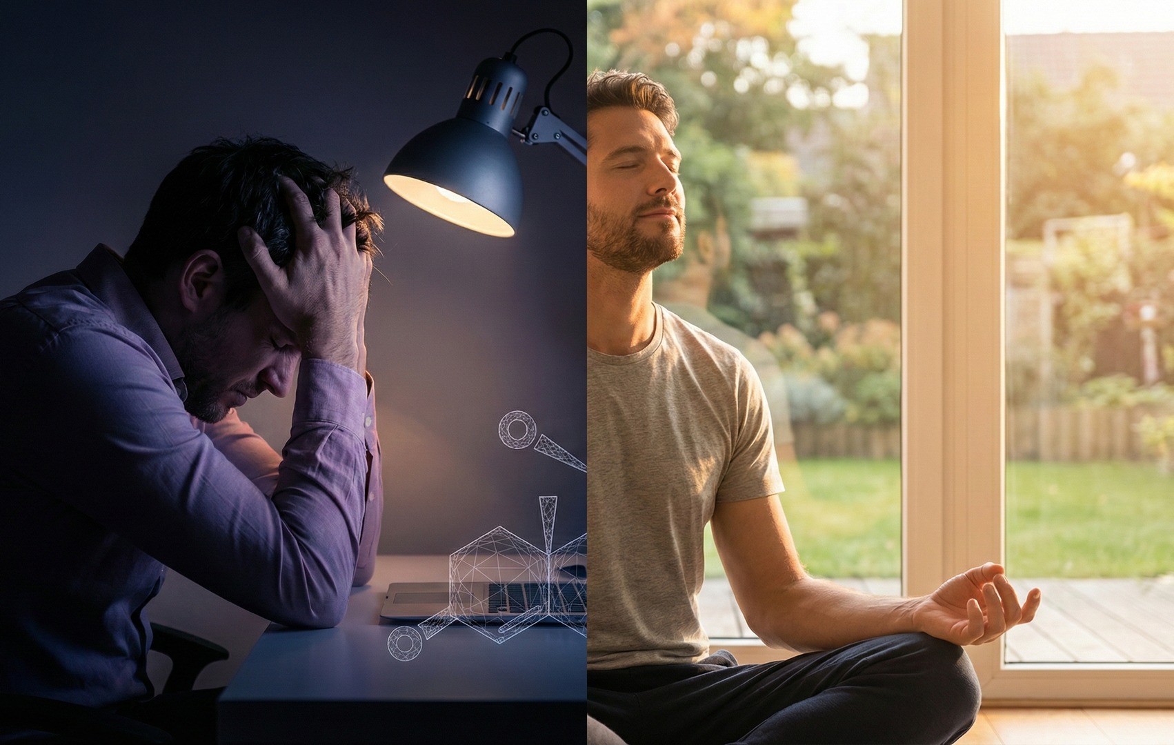 Imagine în două părți: în stânga un bărbat stresat, cu capul în mâini la un birou într-o cameră întunecoasă, în dreapta un bărbat meditând senin în poziția lotus lângă o fereastră însorită — contrastul dintre stres și recuperare