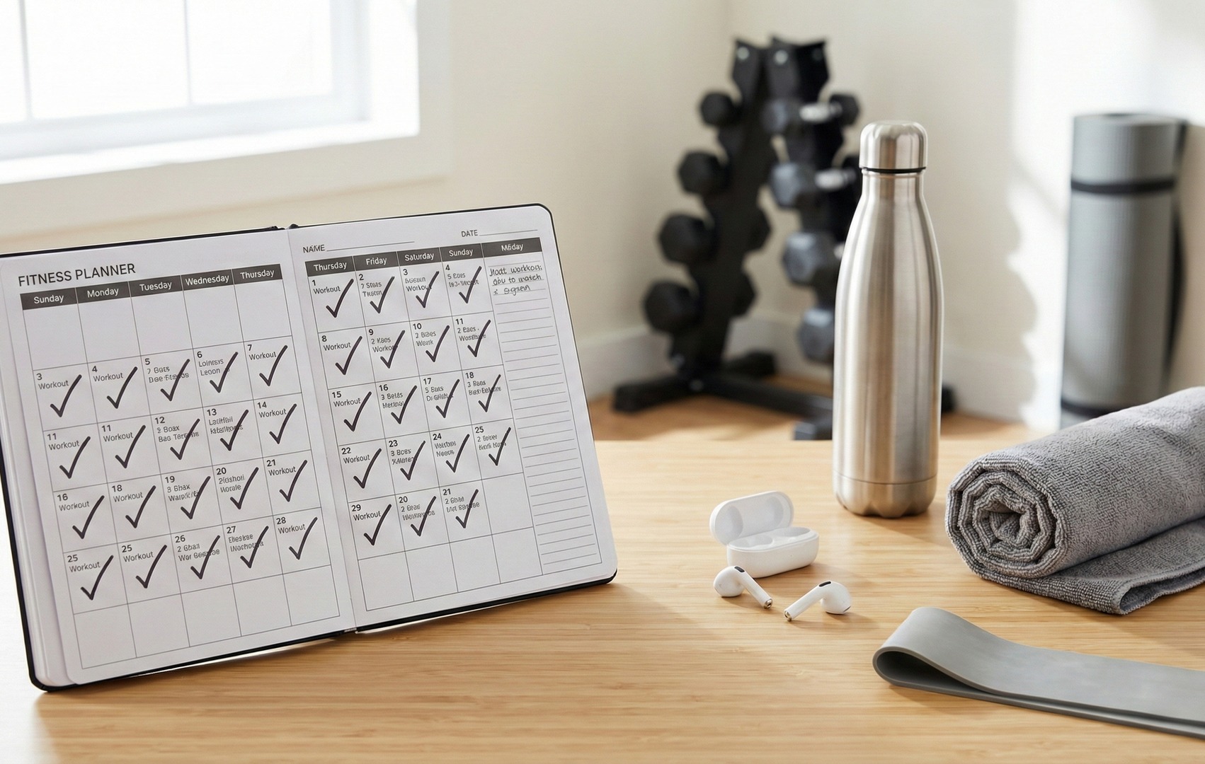 Un caiet „Fitness Planner” deschis pe un birou, cu antrenamentele bifate zilnic, lângă un suport cu gantere, o sticlă de inox, căști wireless, un prosop rulat și o bandă elastică, ilustrând consecvența antrenamentelor