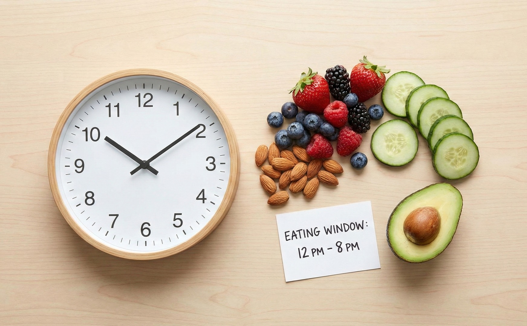 Ceas de perete lângă un bilet cu „Eating window: 12 PM – 8 PM” și alimente sănătoase (fructe de pădure, migdale, castravete, avocado), ilustrând fereastra de alimentație din postul intermitent