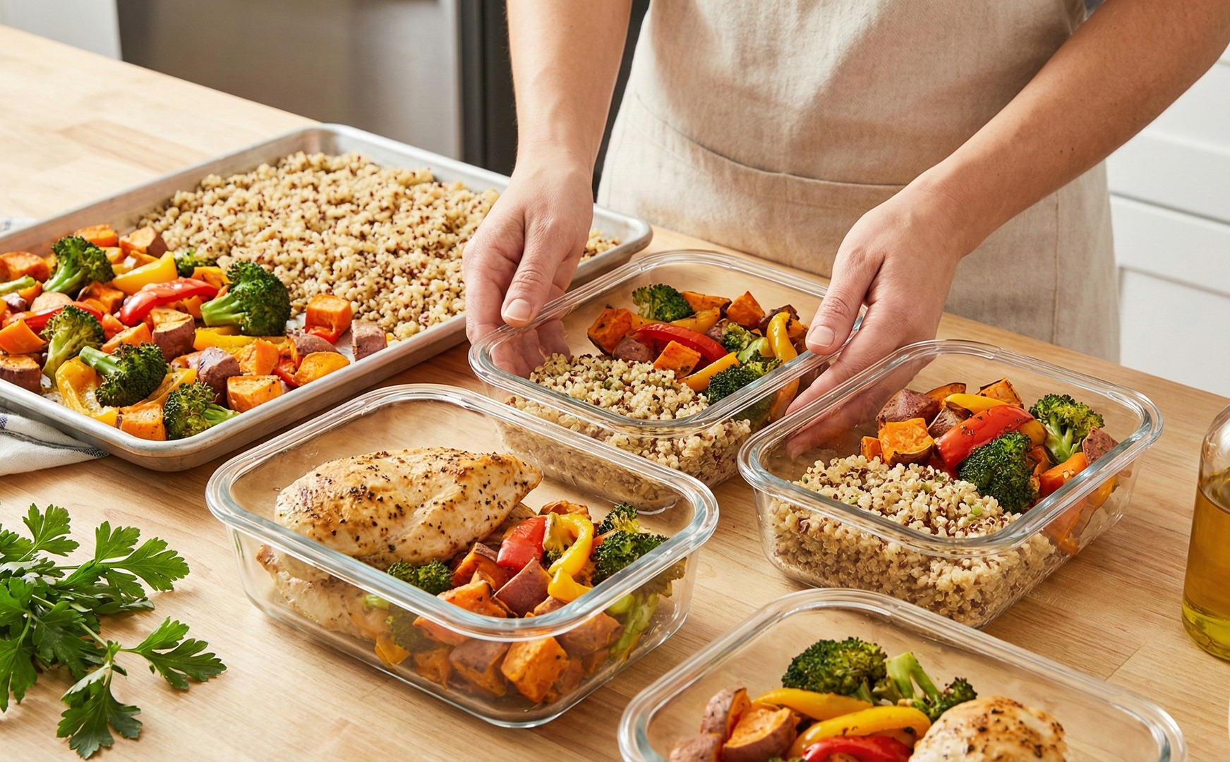 Persoană în șorț pregătind mese în avans, punând capace pe caserole de sticlă cu pui, quinoa și legume la cuptor, lângă o tavă cu quinoa și legume