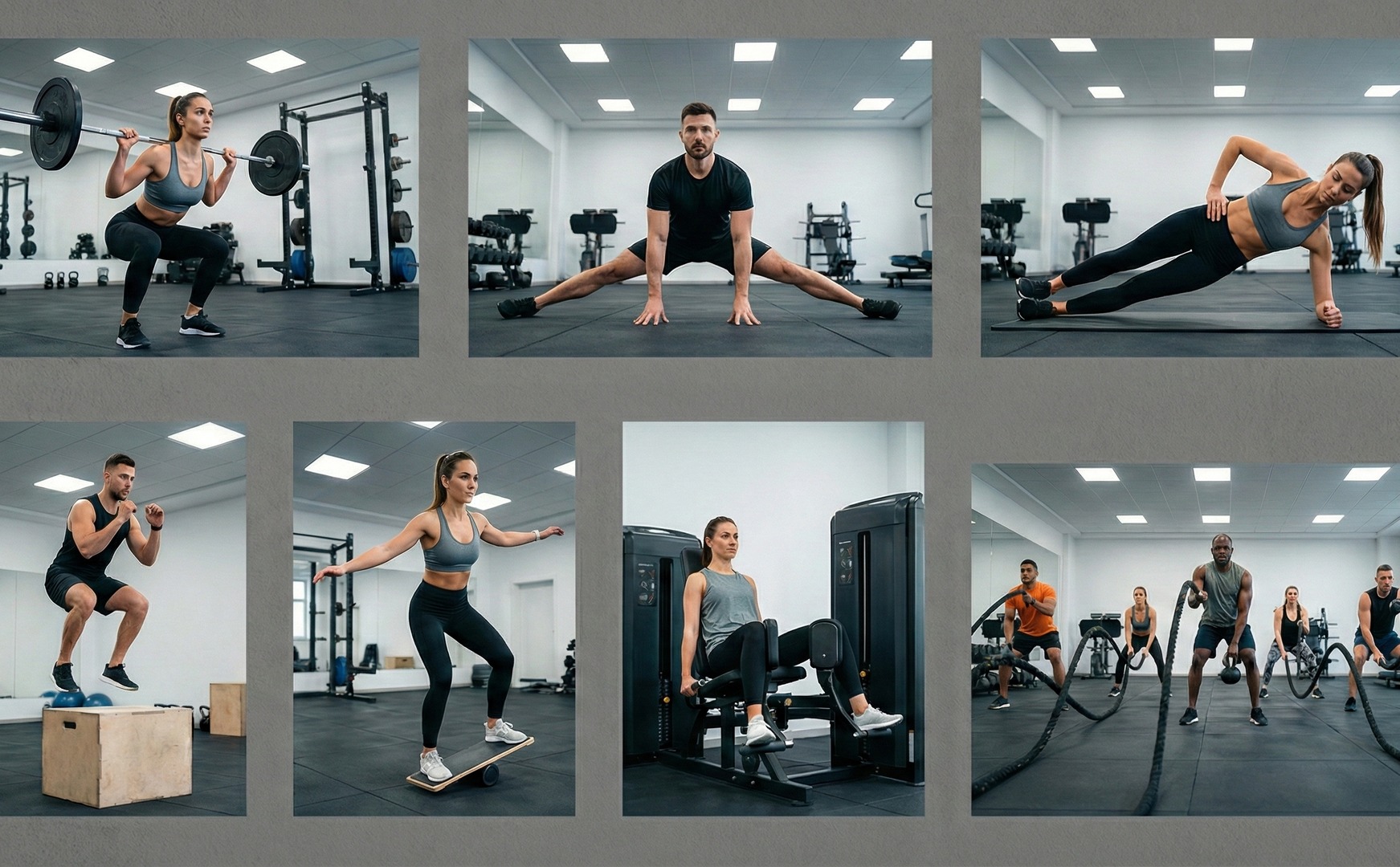Colaj cu șapte exerciții de pregătire pentru schi într-o sală: genuflexiuni cu bara, fandare laterală, plank lateral, sărituri pe cutie, exercițiu de echilibru pe placă, presă pentru picioare și lucru cu corzi și gantere rusești