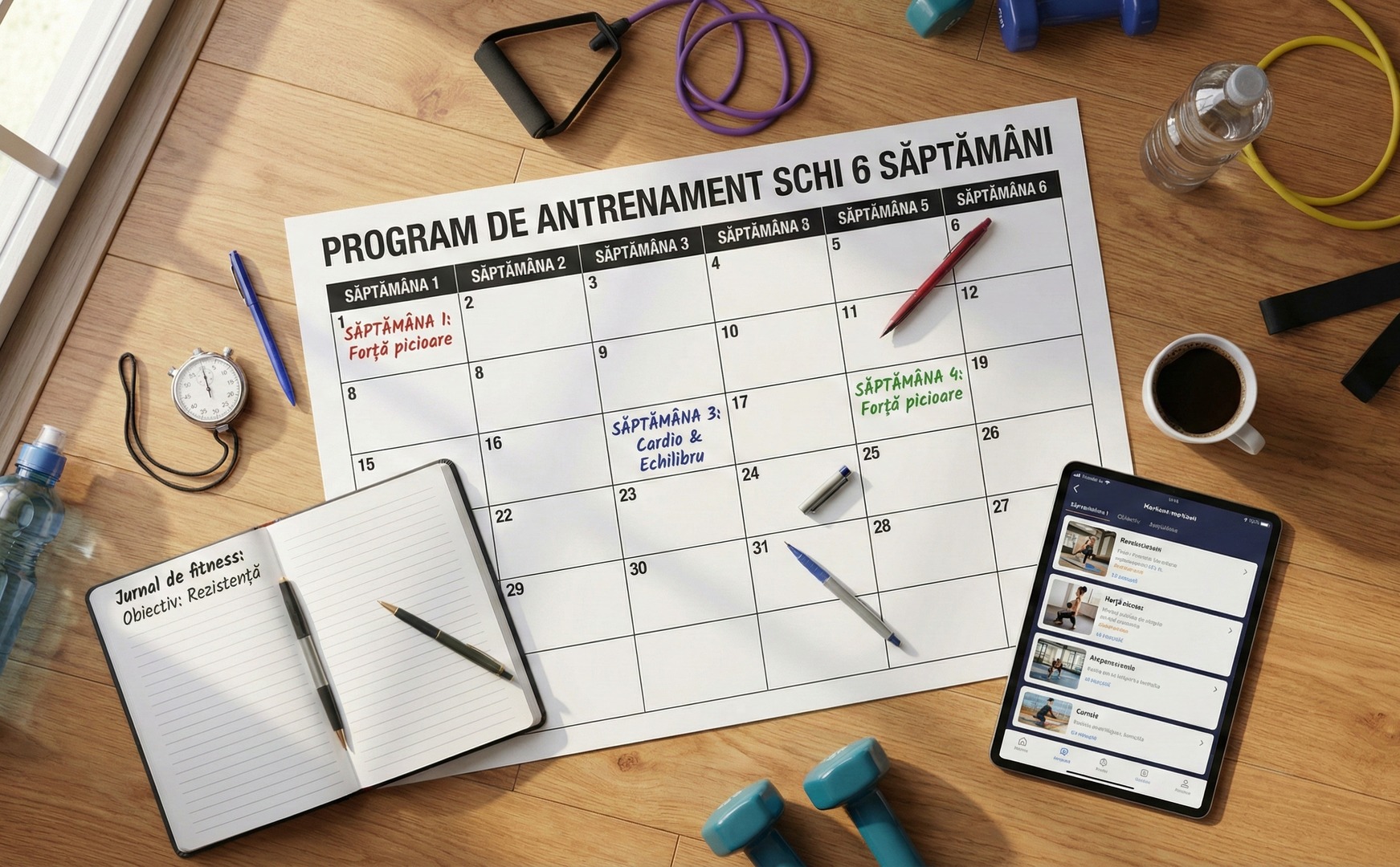 Vedere de sus a unui plan tipărit „Program de antrenament schi 6 săptămâni” cu notițe pe săptămâni, un jurnal de fitness, o tabletă cu o aplicație de antrenament, un cronometru, gantere, o bandă elastică și o cană de cafea