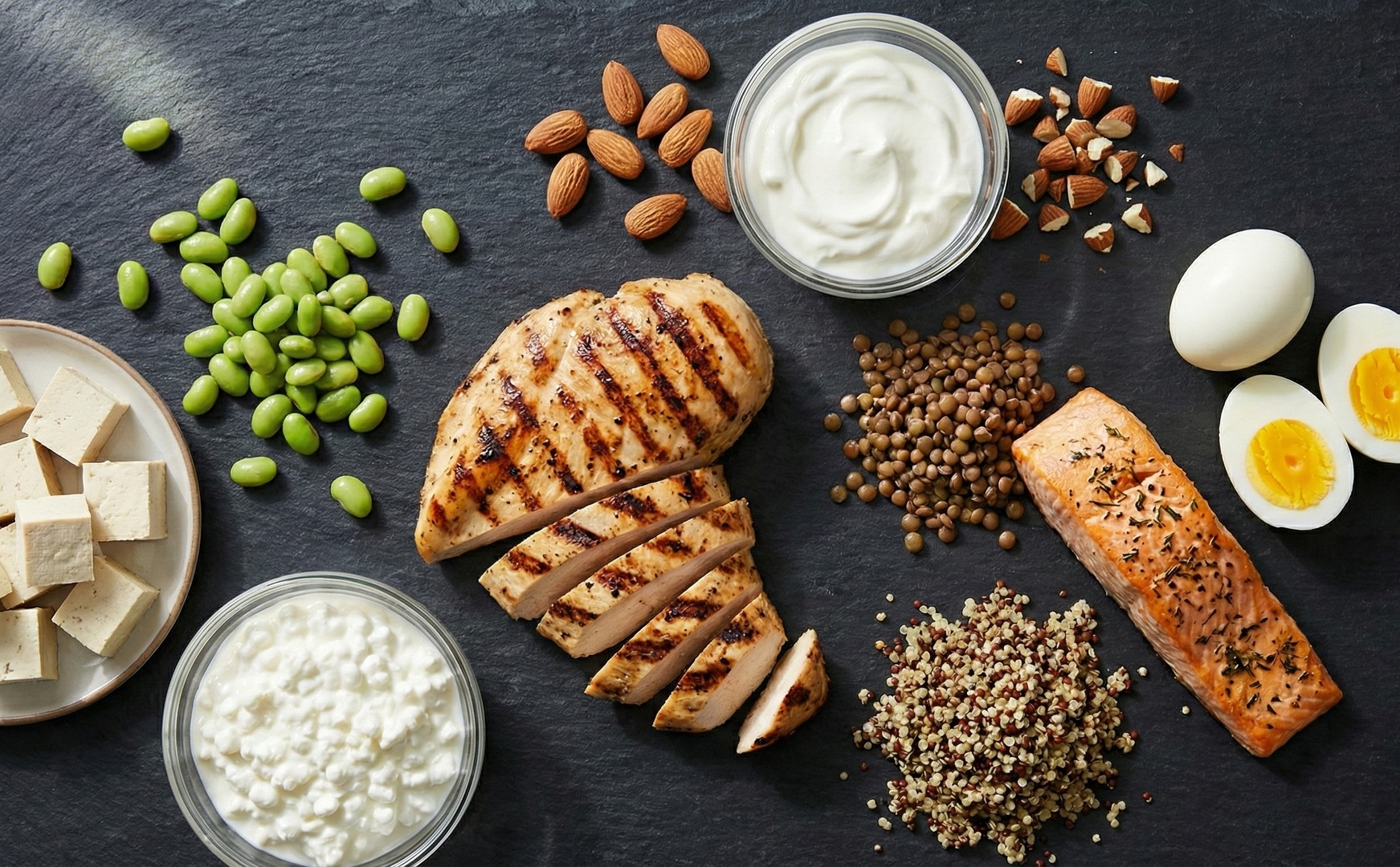 Surse de proteine pe ardezie: piept de pui, somon, ouă, iaurt grecesc, brânză de vaci, tofu, edamame, linte și quinoa