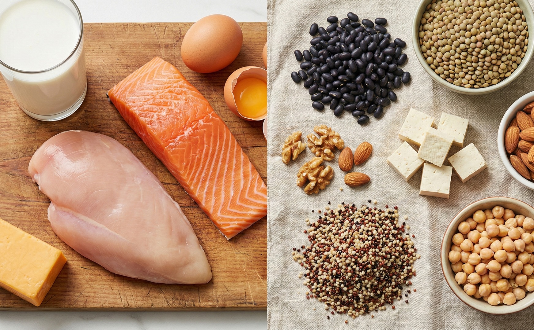 Imagine în două părți: în stânga surse de proteine animale (lapte, pui, somon, ou, brânză), în dreapta surse vegetale (fasole, linte, tofu, nuci, quinoa și năut)