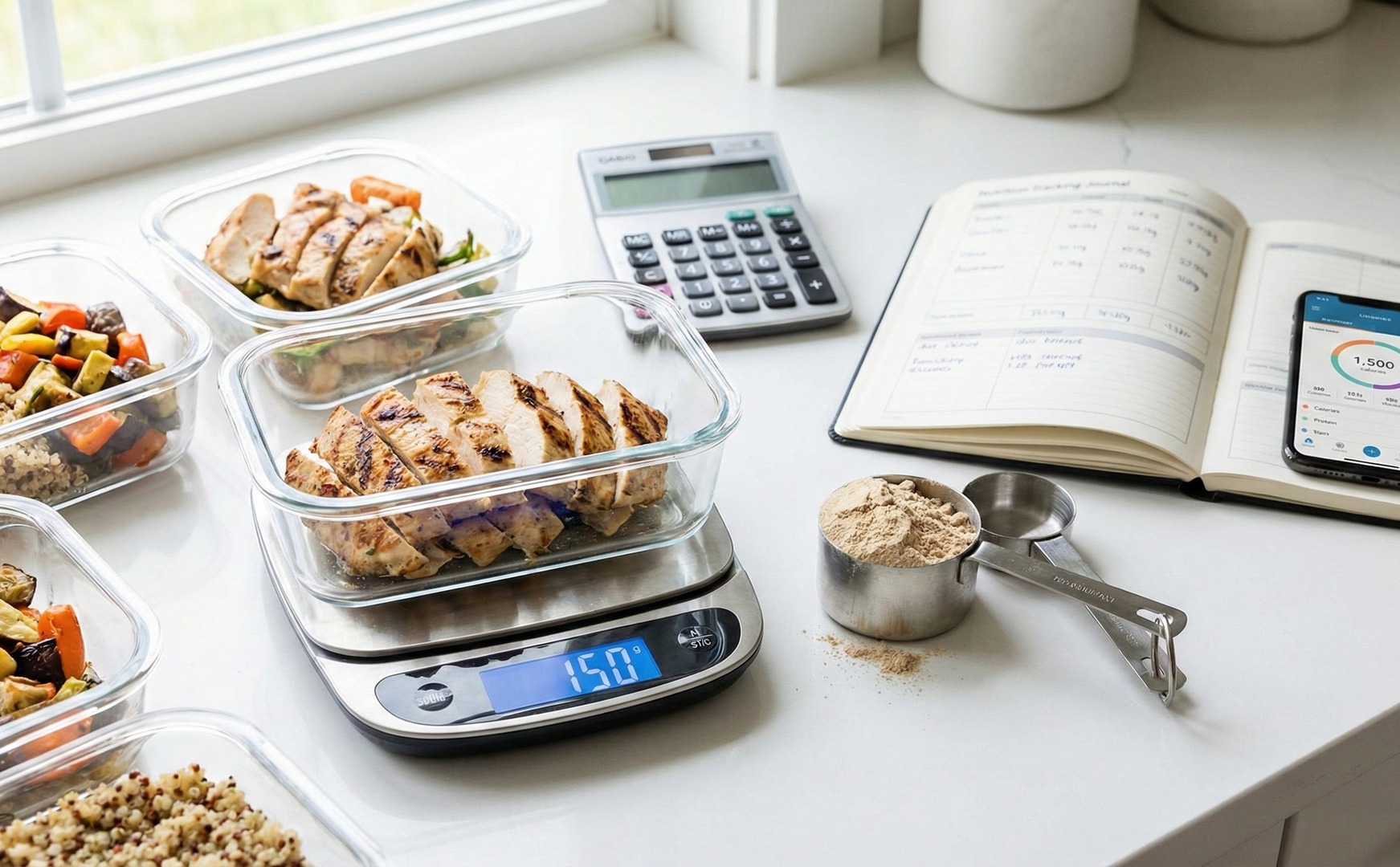 Pregătirea meselor cu control al proteinelor: caserole cu pui și legume, cântar de bucătărie, calculator, jurnal nutrițional, telefon cu aplicație și o măsură de pudră proteică