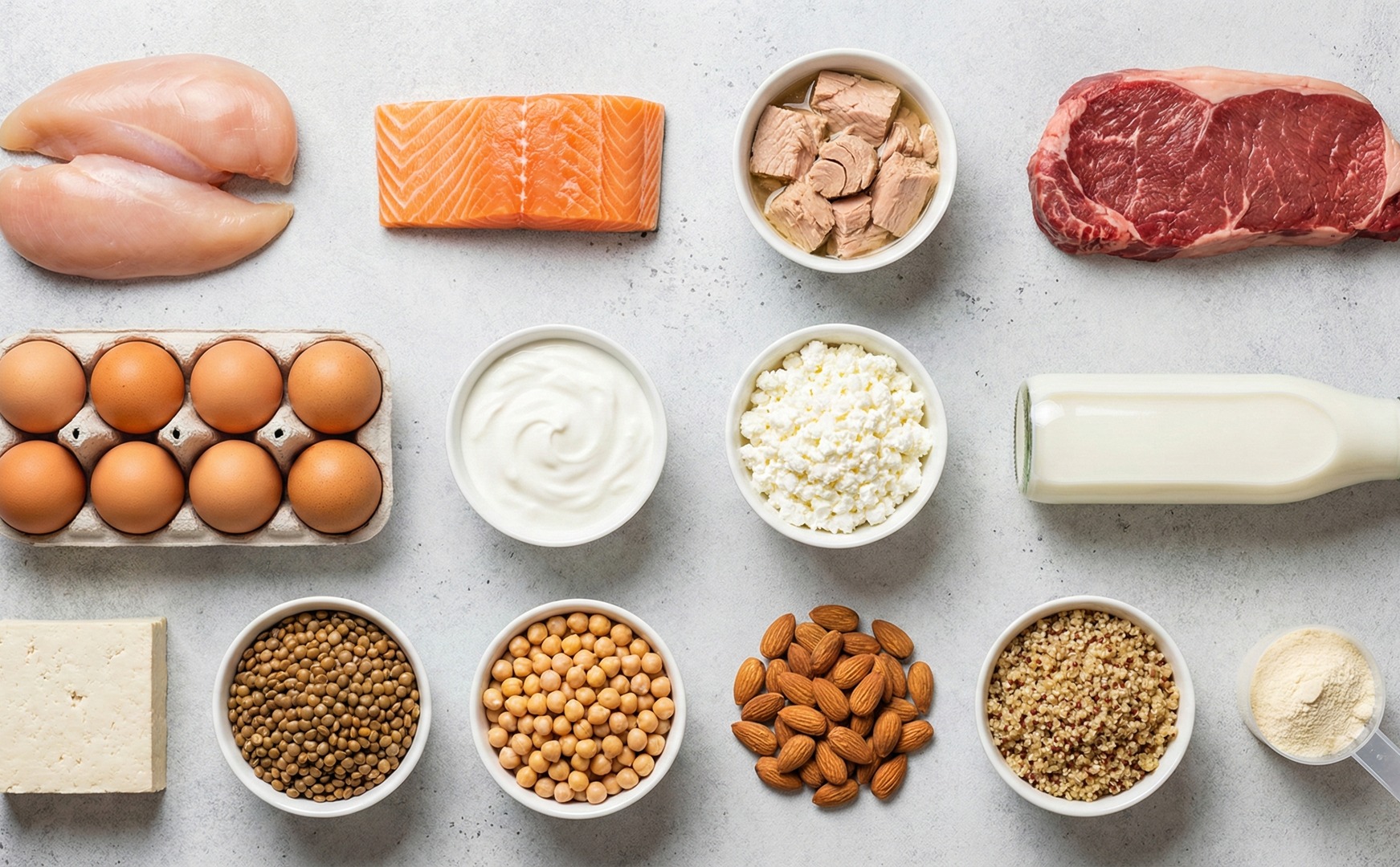 Grilă cu surse de proteine pe fundal gri: pui, somon, ton, vită, ouă, iaurt, brânză de vaci, lapte, tofu, linte, năut, migdale, quinoa și pudră proteică