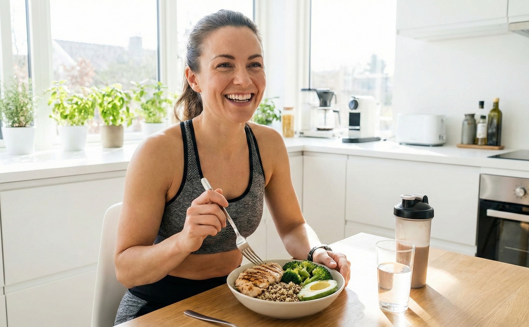Femeie în ținută sport zâmbind la o masă din bucătărie, mâncând un bol cu pui, quinoa, broccoli și avocado, cu un shaker de proteine alături