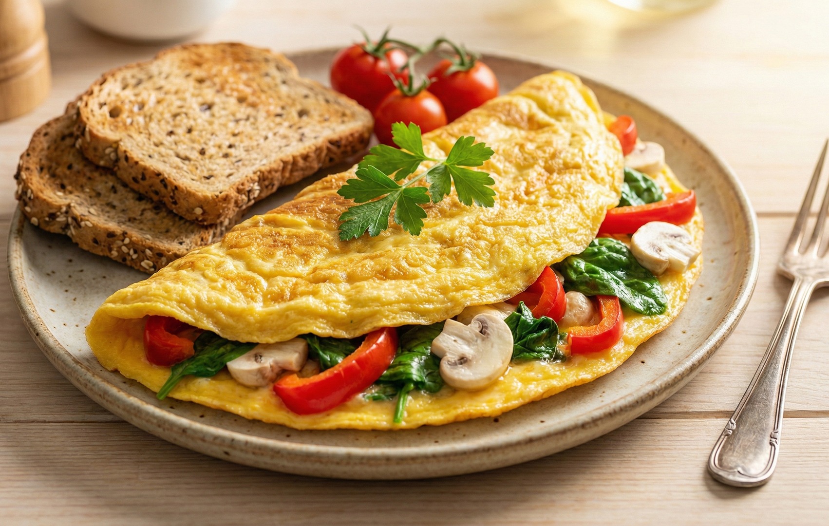 Omletă pufoasă umplută cu spanac, ardei roșu și ciuperci, garnisită cu pătrunjel, alături de două felii de pâine integrală cu semințe și roșii cherry