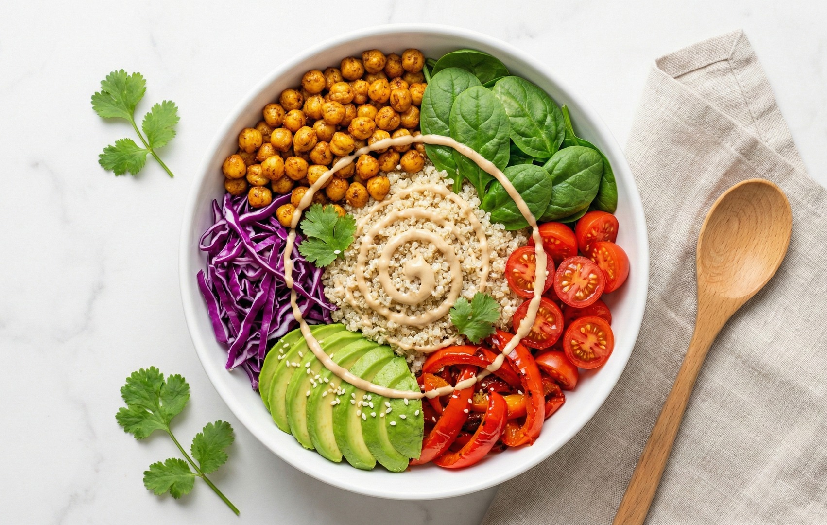 Bol vegetarian văzut de sus: quinoa cu sos de tahini în centru, înconjurată de năut copt, spanac, roșii cherry, ardei copt, avocado feliat cu susan și varză roșie, lângă o lingură de lemn
