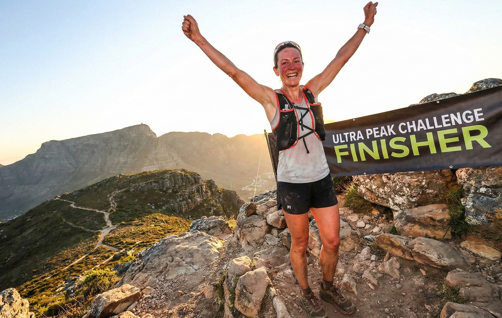Femeie cu brațele ridicate de bucurie pe vârful unui munte, lângă un banner „Ultra Peak Challenge Finisher”, purtând o vestă de hidratare, după terminarea unei curse montane