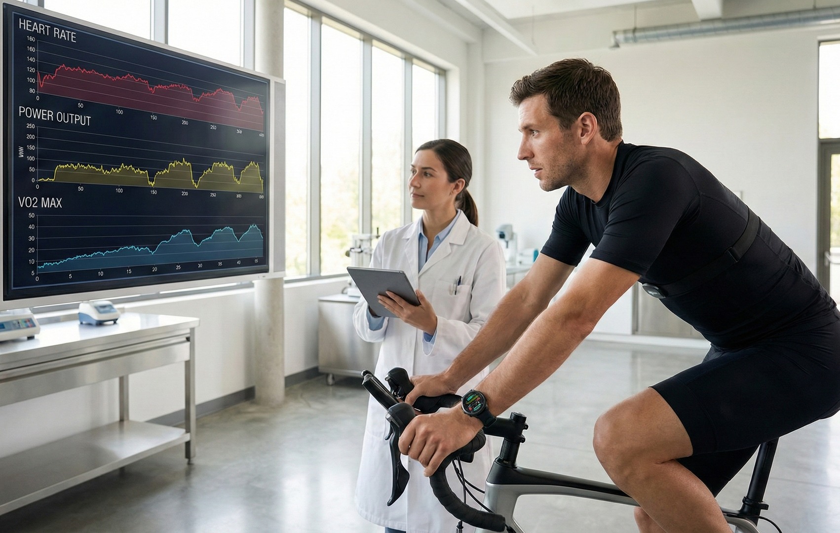 Bărbat în echipament de ciclism, cu bandă de puls pe piept, pedalând în timpul unui test VO2 max într-un laborator, în timp ce o cercetătoare în halat urmărește pe un monitor graficele de puls, putere și VO2 max